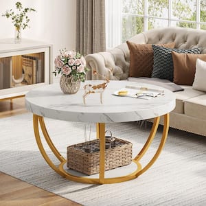 Cans 31.5 in. White Gold Round Wood Coffee Table with Shelf, Modern Faux Marble Center Table for Living Room