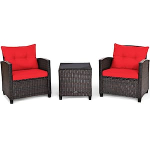 3-Piece Rattan Wicker Patio Conversation Set with Washable Red Cushions