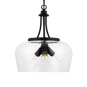 3-Light Matte Black Dome Pendant Light with Glass Shade