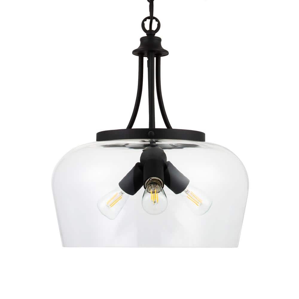 Merra 3-Light Matte Black Dome Pendant Light with Glass - The Home Depot