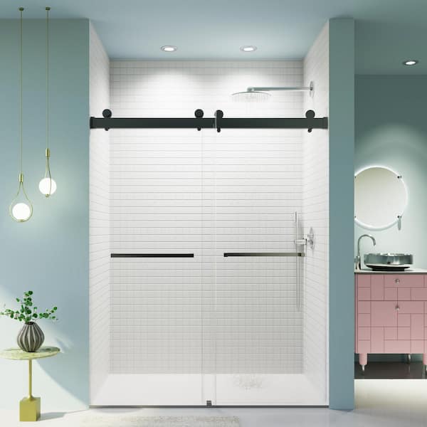 EAKYHOM Reversible 56 to 60 in. W x 76 in. H Double Sliding Frameless Shower Door in Matte Black Finish with Tempered Glass