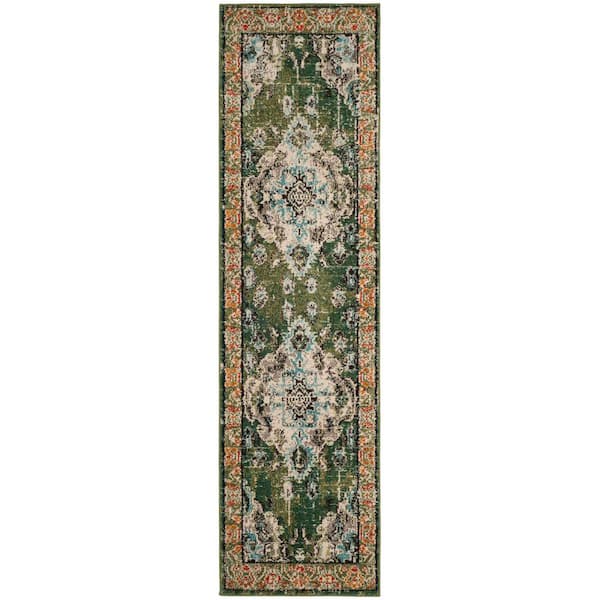 Monaco 2 ft. x 22 ft. Forest Green/Light Blue Distressed Border Medallion Runner Rug