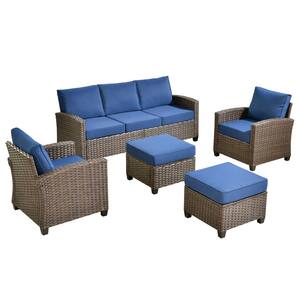 Pirani Brown 5-Piece Wicker Outdoor Patio Conversation Seating Set Navy Blue with Cushions