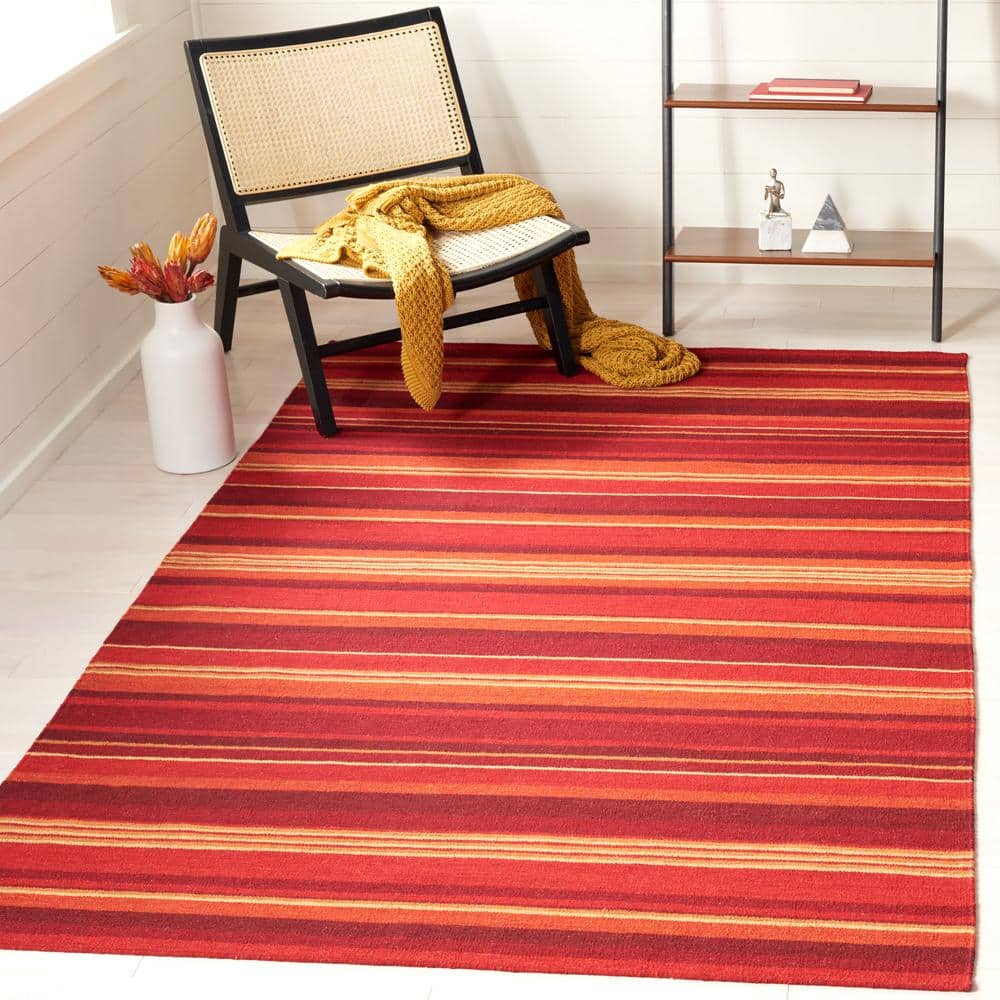 Handmade Red Wool Striped Flat Woven Rug - 3' x 5'