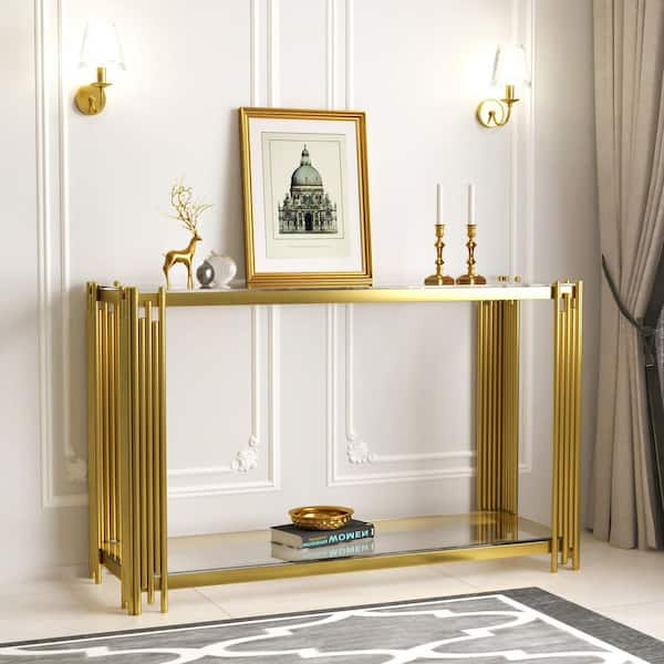 47 in. Gold Clear Rectangle Glass Console Table with Stainless Steel Frame, 2-Tier Hallway Table for Living Room