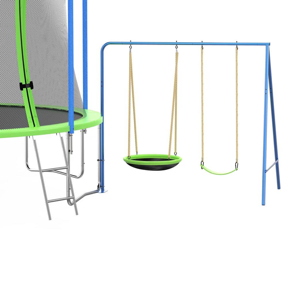 12FT Green Outdoor Trampoline with Slide, Swings, and Basketball Hoop
