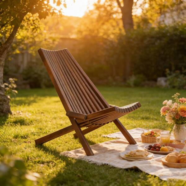 Brown Wood Outdoor Folding Lounge Chair with No Assembly for