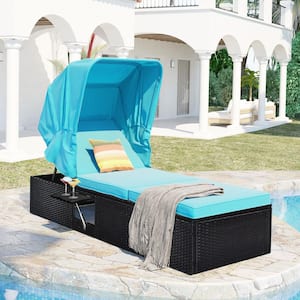 Patio Black Wicker Outdoor Chaise Lounge with Blue Cushions
