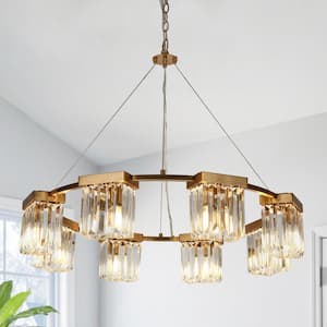 Modern Plating Brass Wagon Wheel Chandelier with Square Crystal Shades 31.5 in. 8-Light Circle Hanging Ceiling Lighting
