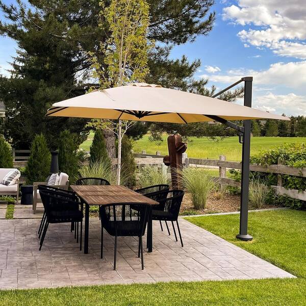 10 ft. Square Large Outdoor Aluminum Cantilever 360-Degree Rotation Patio Umbrella with Base, Beige
