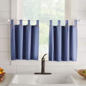 Tucker Blue Solid Button Cotton 30(in)x24(in) Tab Top Light Filtering Window Tiers (2)