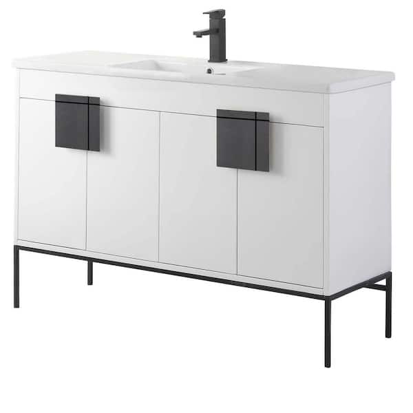 FINE FIXTURES Shawbridge 48 in. W x 18.11 in. D x 33.5 in. H Bath Vanity in Matte White Paint with Ceramic Vanity Top in White