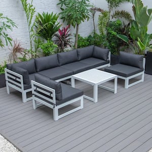 Chelsea 7-Piece Patio Sectional And Coffee Table Set White Aluminum With Black Cushions