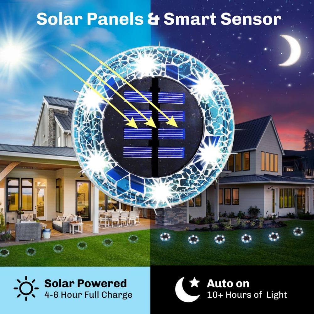 Blue Mosaic Solar Powered LED Pathway Disk Lights, Set of 8