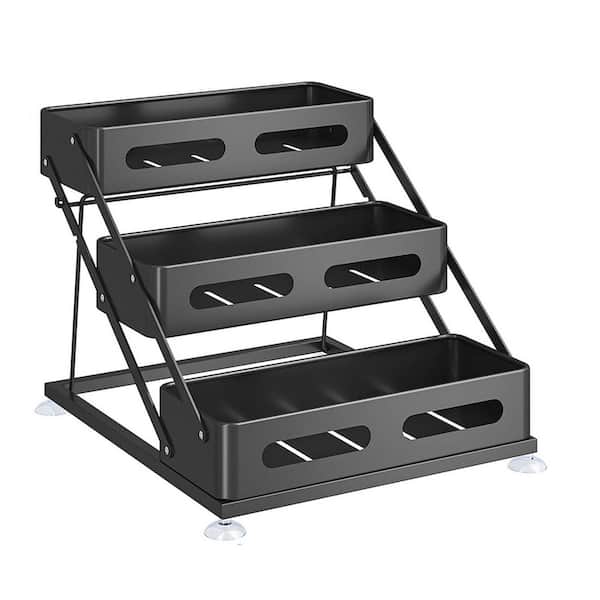 3-Tier Foldable Shelf Black Adjustable Height Sturdy Metal Spice Organizer for Kitchen Countertop or Cabinet