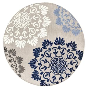 Oasis Blue 8 ft. Round Floral Indoor/Outdoor Area Rug