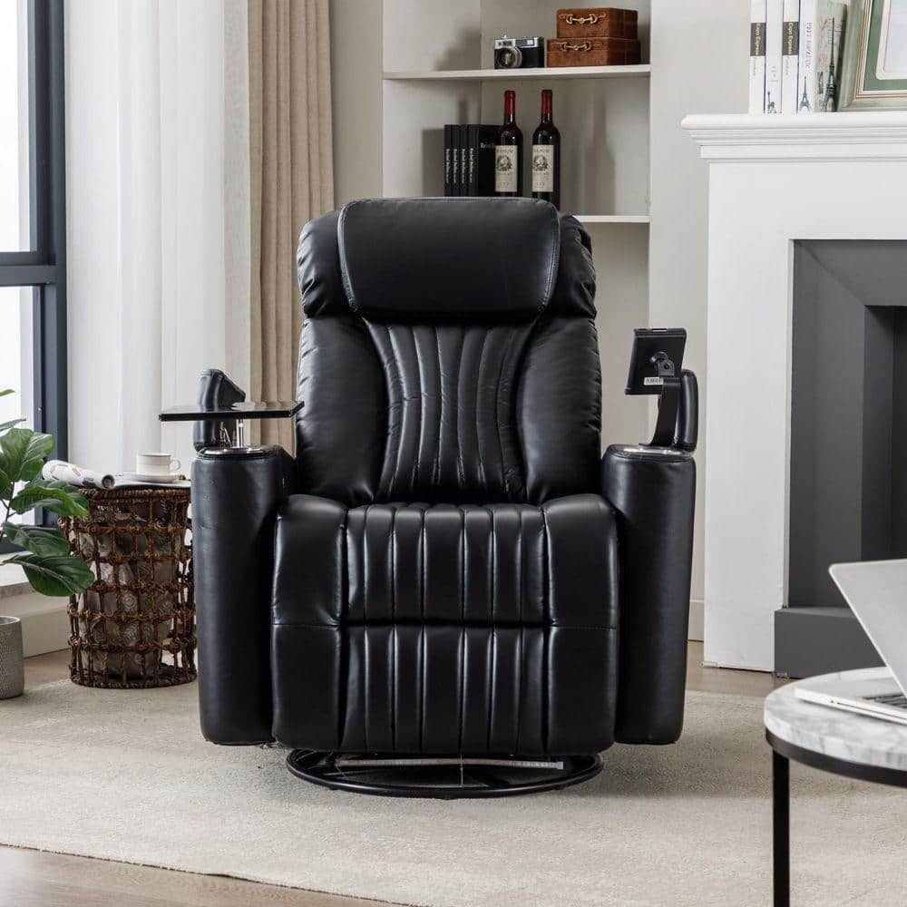 Front view of the black PU leather swivel recliner in an upright position.
