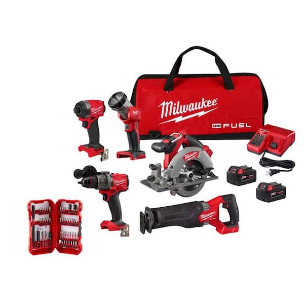M18 FUEL 18V Lithium-Ion Cordless Combo Kit (5-Tool) w/ 2 Batteries, Charger & Circular Blade, Bit Set & SAWZALL Blades
