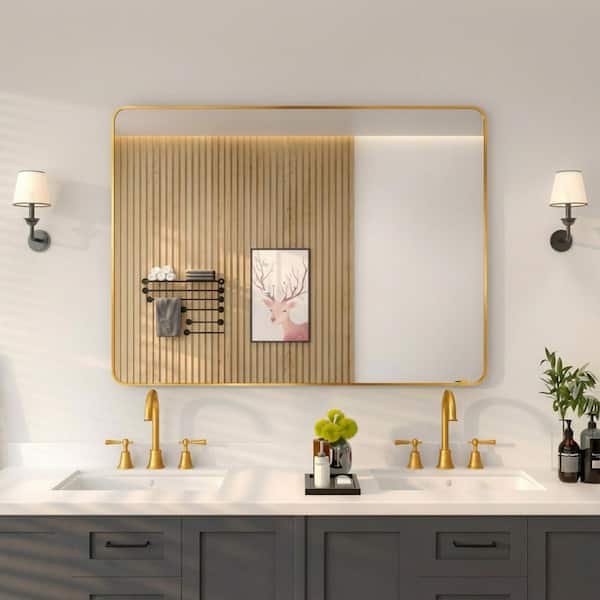 48 in. W x 36 in. H Rectangular Framed Wall Bathroom Vanity Mirror in Brass