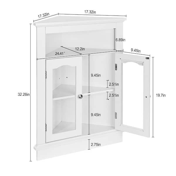 Space-Saving Corner Bathroom Storage Cabinet, 32.28 in. Freestanding Linen Tower with Shelves and Double Doors, White