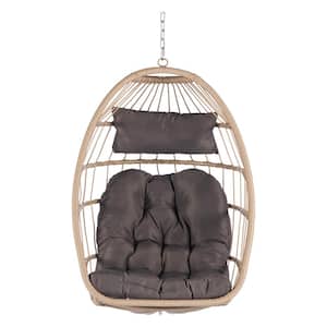 Outdoor Rattan Hanging Egg Chair with Soft Cushions, Patio Swing, Classic Design, Wood+Dark Gray