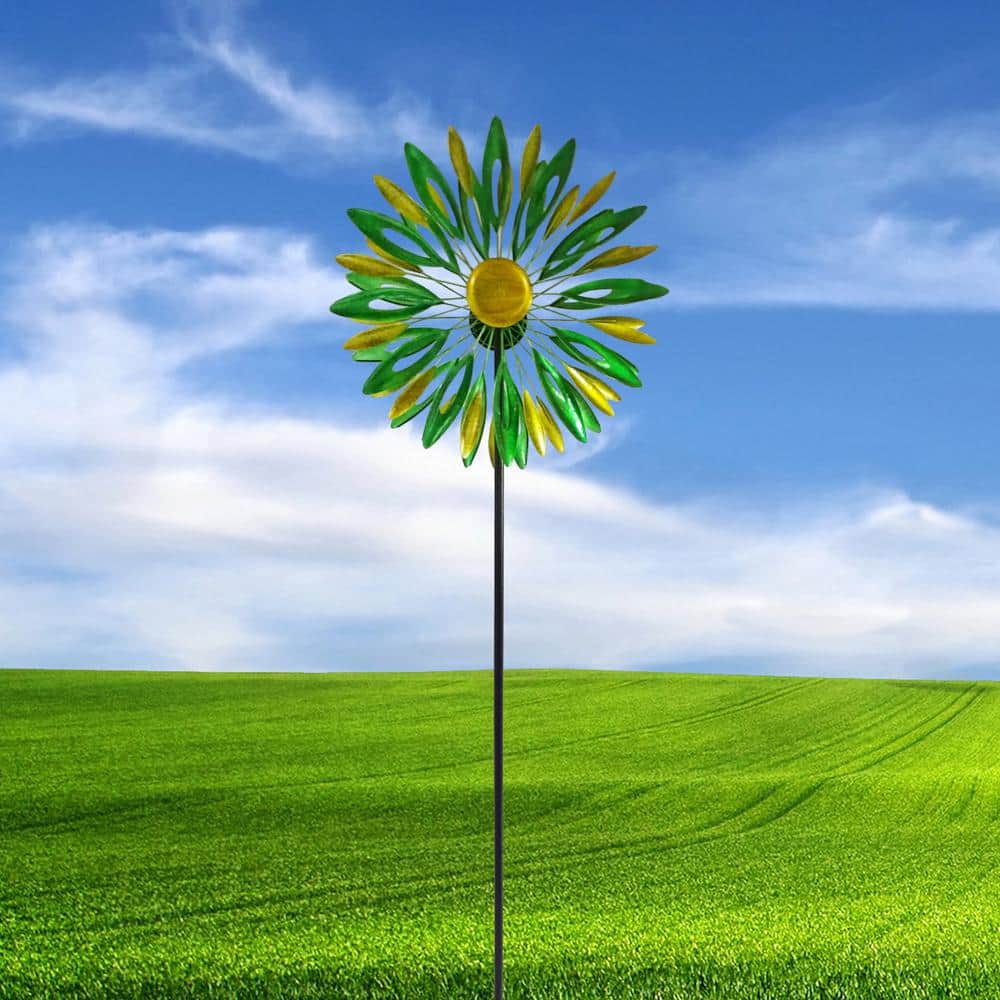 Tall Green and Yellow Metal Flower Wind Spinner Garden Stake