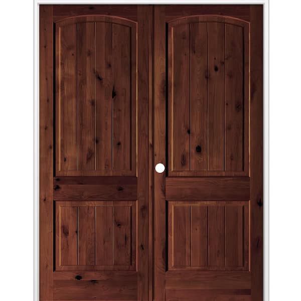 60 in. x 96 in. Rustic Knotty Alder 2Panel Arch Top VG Right Hand Red Mahogany Stain Wood Double Prehung Interior Door