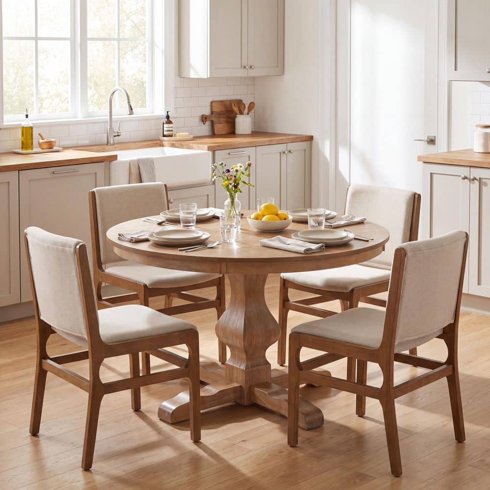 5-Piece Brown Wood Top Dining Set with Round Dining Table, Wheat Fabric Upholstered Dining Chairs, Seats 4