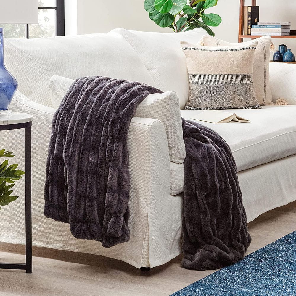 Gray Reversible Faux Fur and Mink Throw Blanket 50x65 Inches