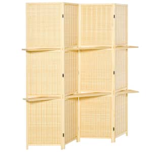 6 ft. Tall Natural 4-Panel Bamboo Room Divider, Folding Privacy Screen Panels with 2-Shelves for Indoor Bedroom Office