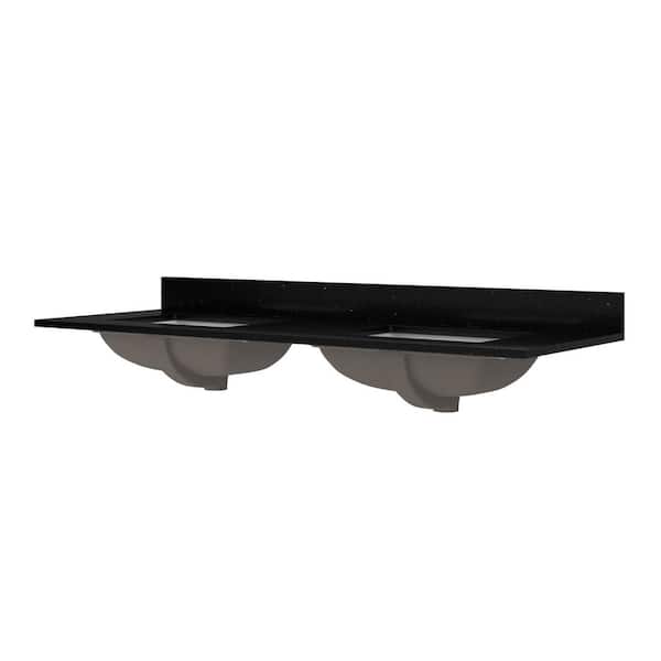 CRAFT + MAIN 61 in. W x 22 in. D x .75 in. H Engineered Quartz White Rectangular Double Sink Bath Vanity Top in Black Galaxy