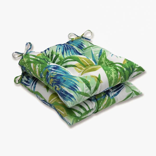 Pillow Perfect Floral 19 in. x 18.5 in. Outdoor Dining Chair Cushion in Blue/Green (Set of 2)