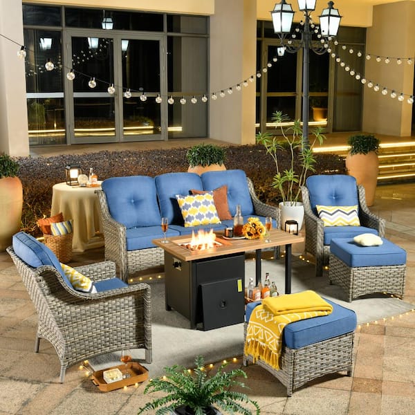 Toject Eureka Grey 6-Piece Wicker Outdoor Patio Conversation Sofa Seating Set with a Storage Fire Pit and Sky Blue Cushions