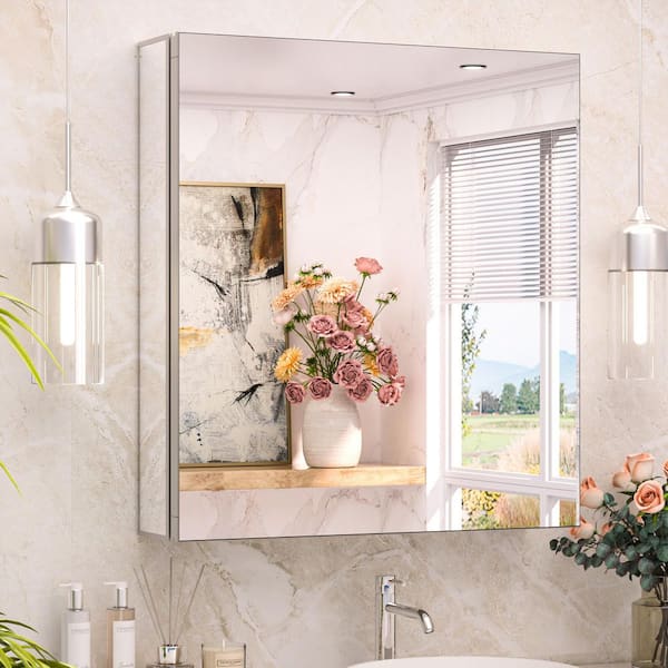 24 in. W x 26 in. H Rectangular Frameless Aluminum Silver Recessed or Surface Mount Medicine Cabinet with Mirror