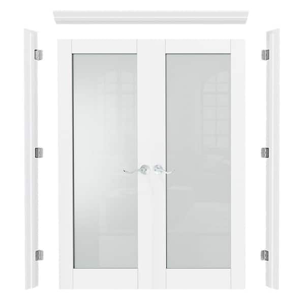 48 in. x 80 in. Full Lite Frosted Glass Universal White Wood Double Prehung French Door w/ Quick Assemble Jamb & Handle