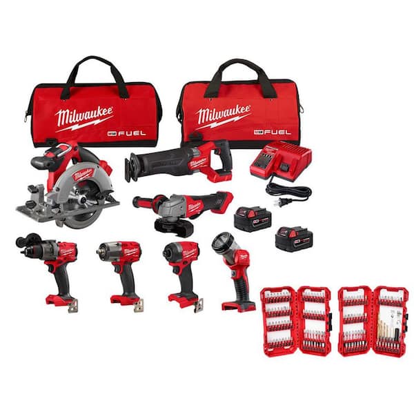 M18 FUEL 18V Lith-Ion Brushless Cordless Combo Kit w/ Two 5.0 Ah Batteries, Charger, 2 Tool Bags, & Bit Set (7-Tool)
