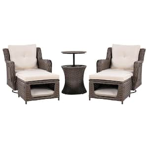 5-Piece Outdoor Wicker Patio Conversation Set with Beige Cushions, Patio Furniture Set with Pet House,Rocking Chairs Set