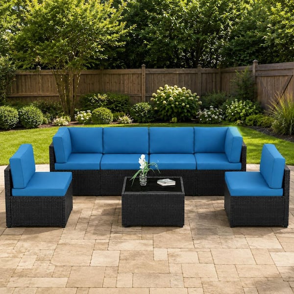 8-Piece Outdoor Sectional Conversation Set Garden Furniture Sets with Cover, Black Rattan and Blue Cushions