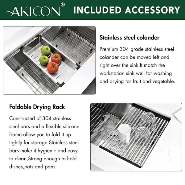 Akicon AK-WS321909R10 304 Stainless Steel 32 in. Single Bowl Undermount Workstation Kitchen Sink with Grid Board Colander Drying Rack