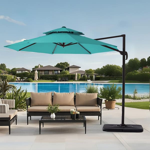 11 ft.Double Top Round Outdoor Cantilever umbrella with Cover,Heavy-Duty 360° Rotation Patio Umbrella in Peacock Blue