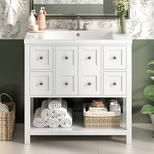 36 in. W x 18 in. D x 34 in. H Single Sink Freestanding Solid Wood Frame Bath Vanity in White with White Resin Top