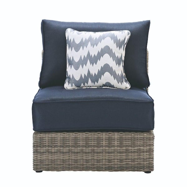 Home Decorators Collection Naples Grey All-Weather Wicker Armless Middle Outdoor Sectional Chair with Navy Cushions