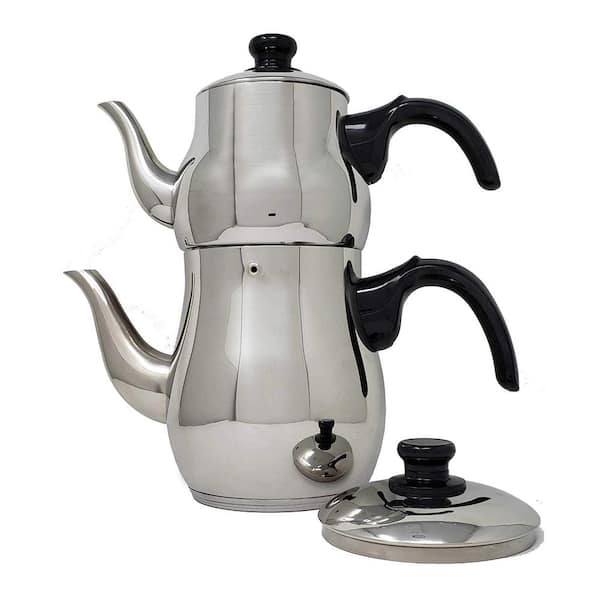LavoHome 10-Cup Turkish Samovar Style Stainless Steel Double Handle Teapot Tea Maker Kettle 1.1 L and 2.5 L