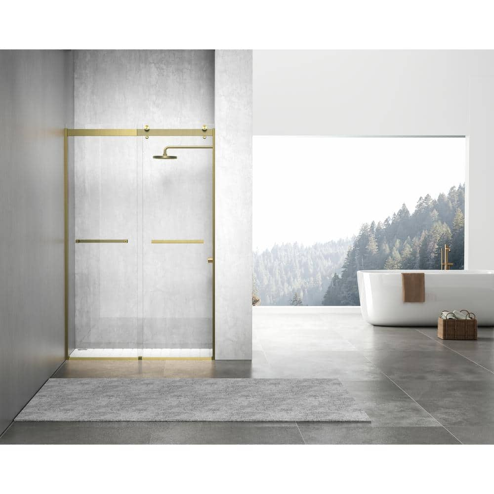 Frameless Sliding Shower Door In Brushed Gold With Clear Glass 