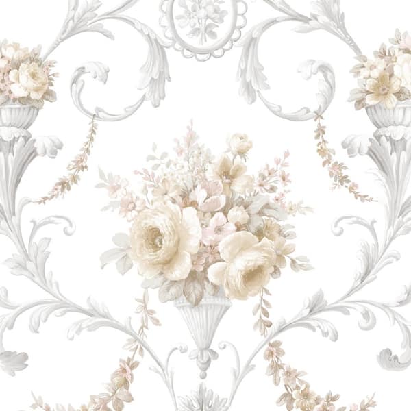 Ornamental Floral Wallpaper in Yellow, Pink and Gray