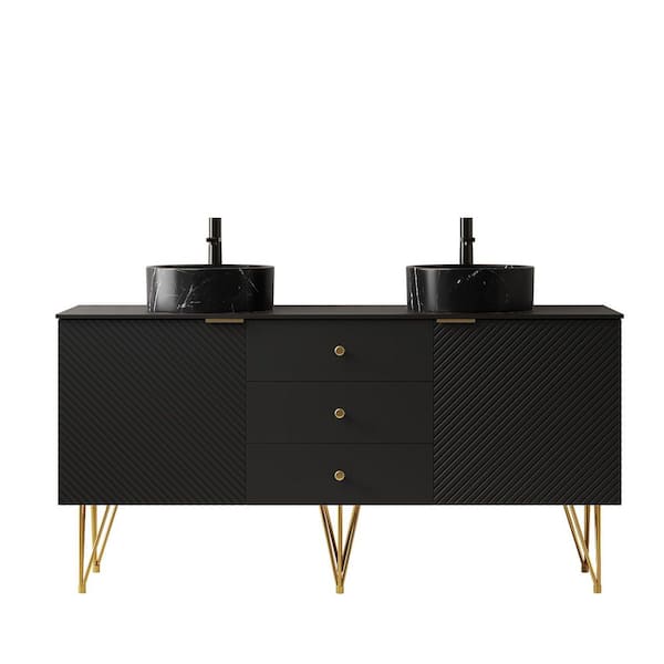 60 in. Freestanding Black Bath Vanity with Black Sintered Stone Top Assembled