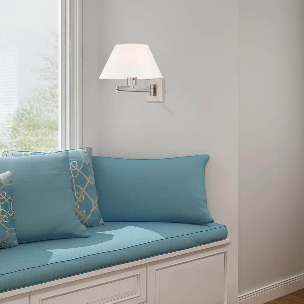 Brushed Nickel Swing Arm Wall Lamp with Off-White Fabric Shade