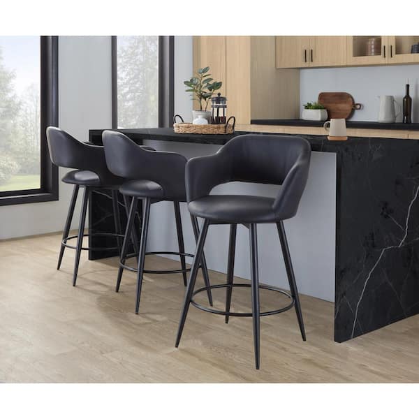 Lumisource Margarite 25.25 in. Black Faux Leather and Black Metal Fixed-Height Counter Stool with Tapered Metal Legs (Set of 2)