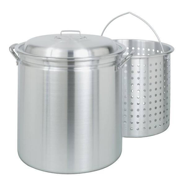 BAYOU CLASSIC 34 qt. Aluminum Stockpot w/Basket Features Domed Vented Lid Heavy Riveted Handles Perforated Aluminum Basket