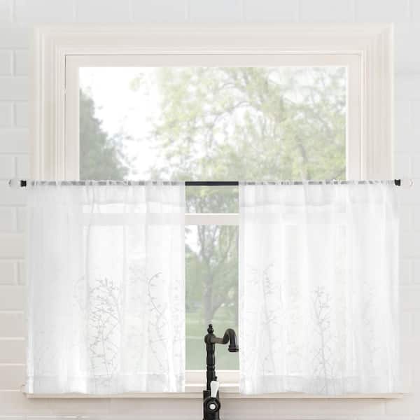Madeira Embroidered Floral White 26 in. W x 24 in. L Rod Pocket Sheer Curtain Tier Pair for Kitchens (Set of 2)